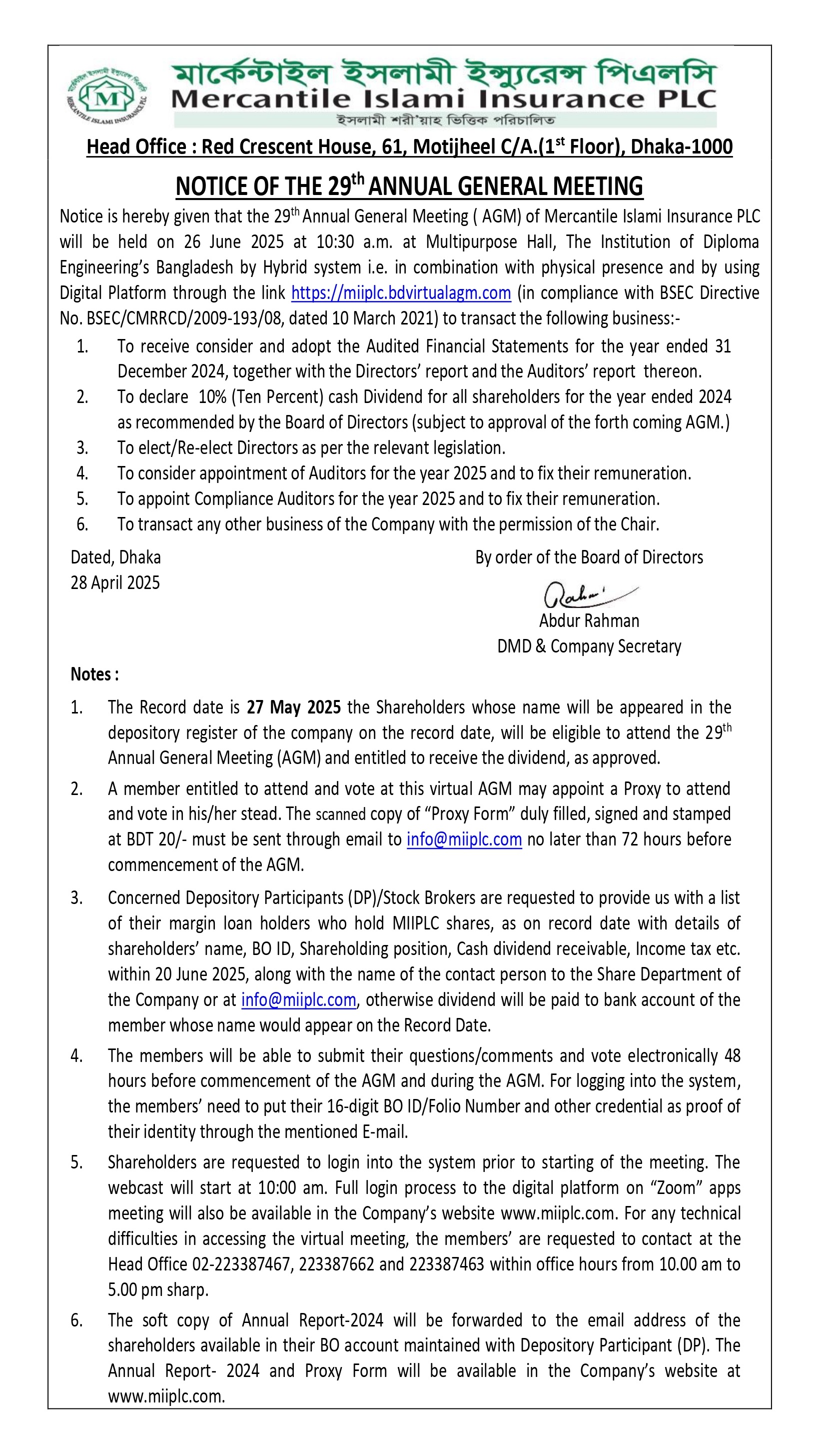Notice of the 29th Annual General Meeting.