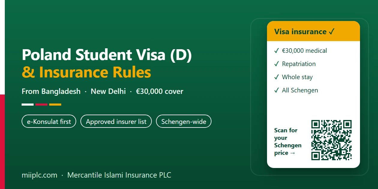 Poland student visa (D) and insurance rules for Bangladeshi students — €30,000 cover