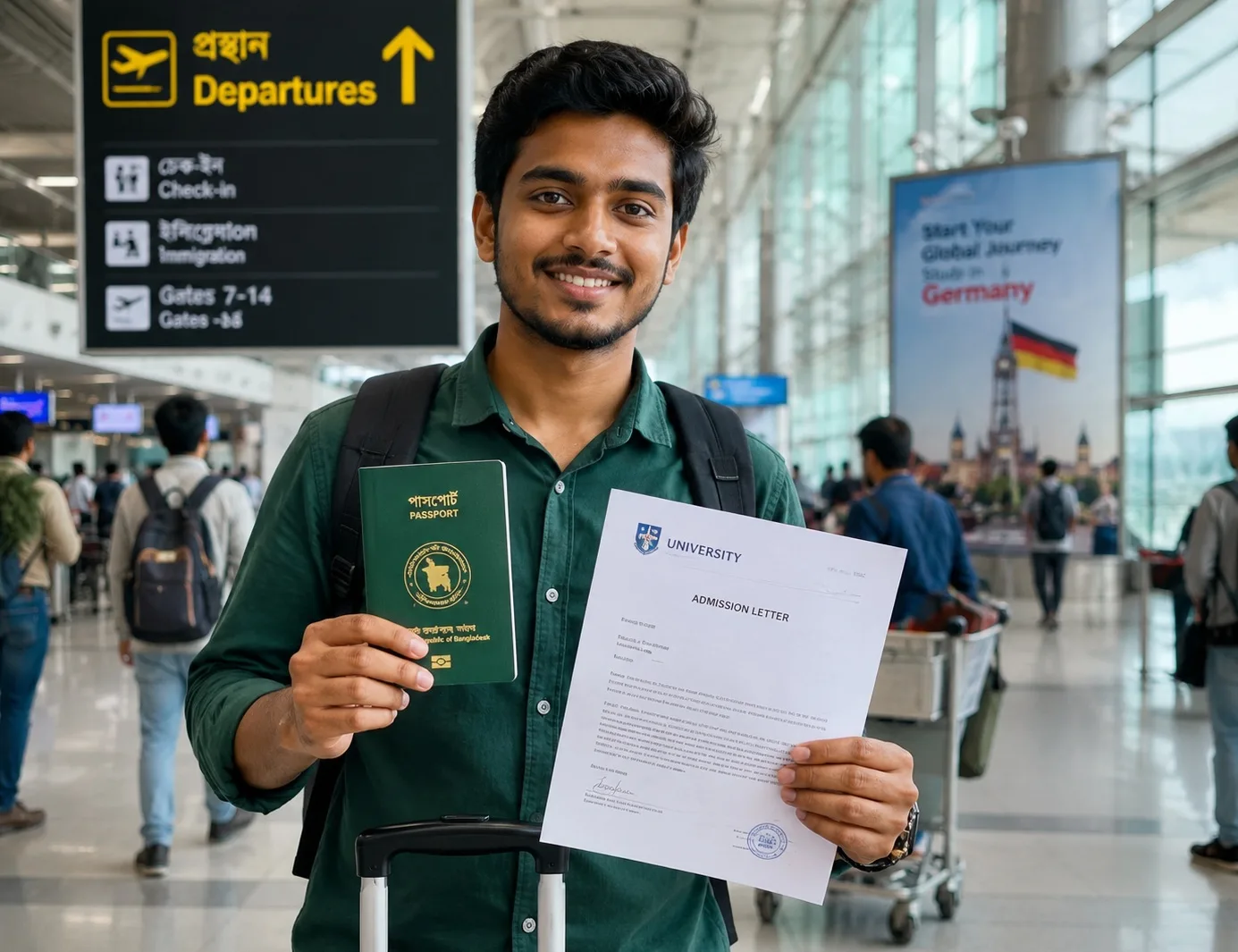 Student travel insurance for Germany study visa with passport, university documents and luggage