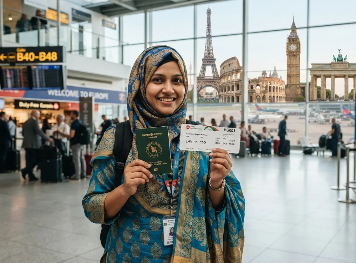 Travel insurance for Schengen visa from Bangladesh with passport, Europe map and travel documents