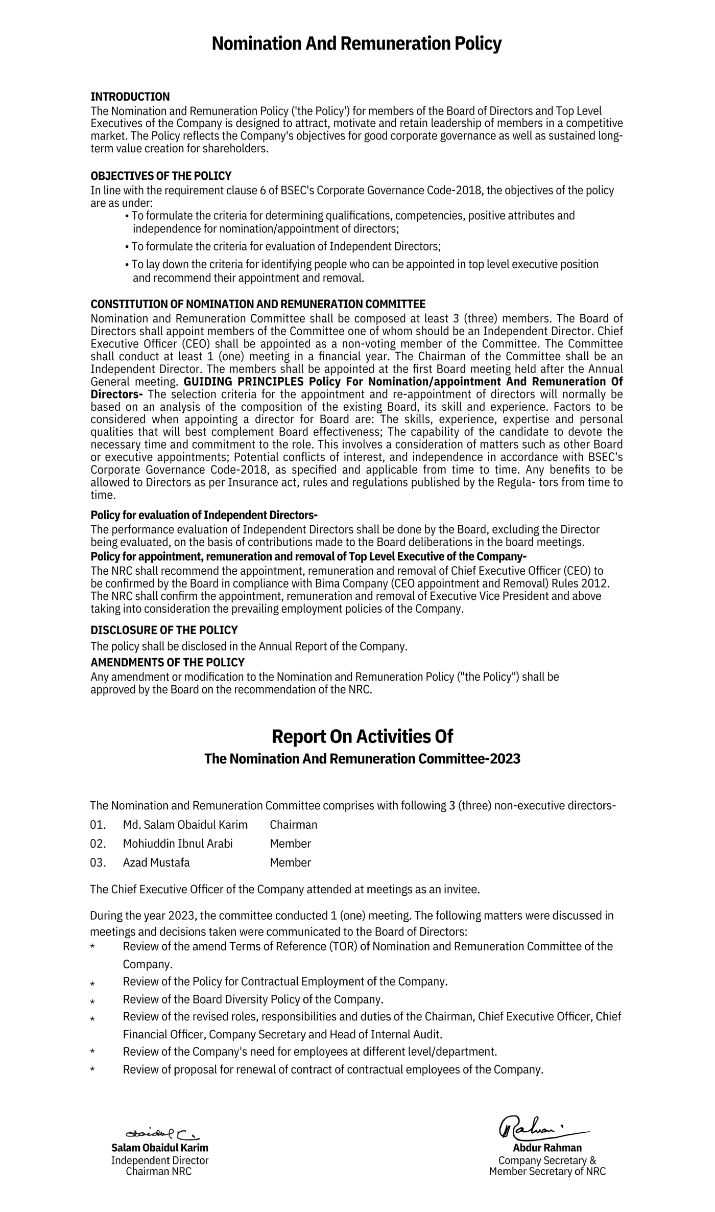 Nomination & Remuneration Policy — Mercantile Islami Insurance PLC