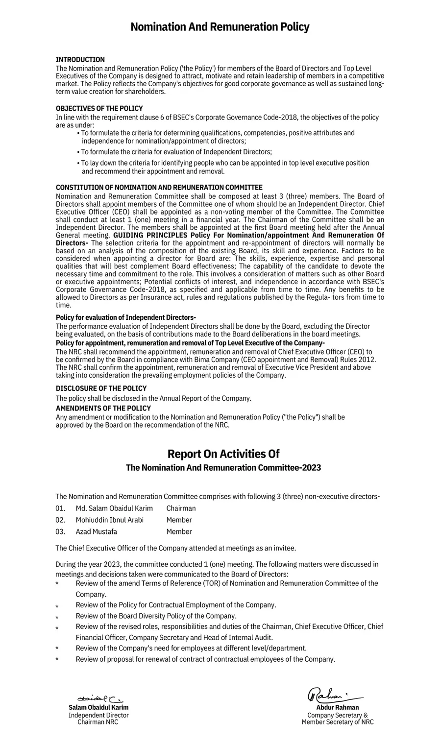 Nomination & Remuneration Policy — Mercantile Islami Insurance PLC